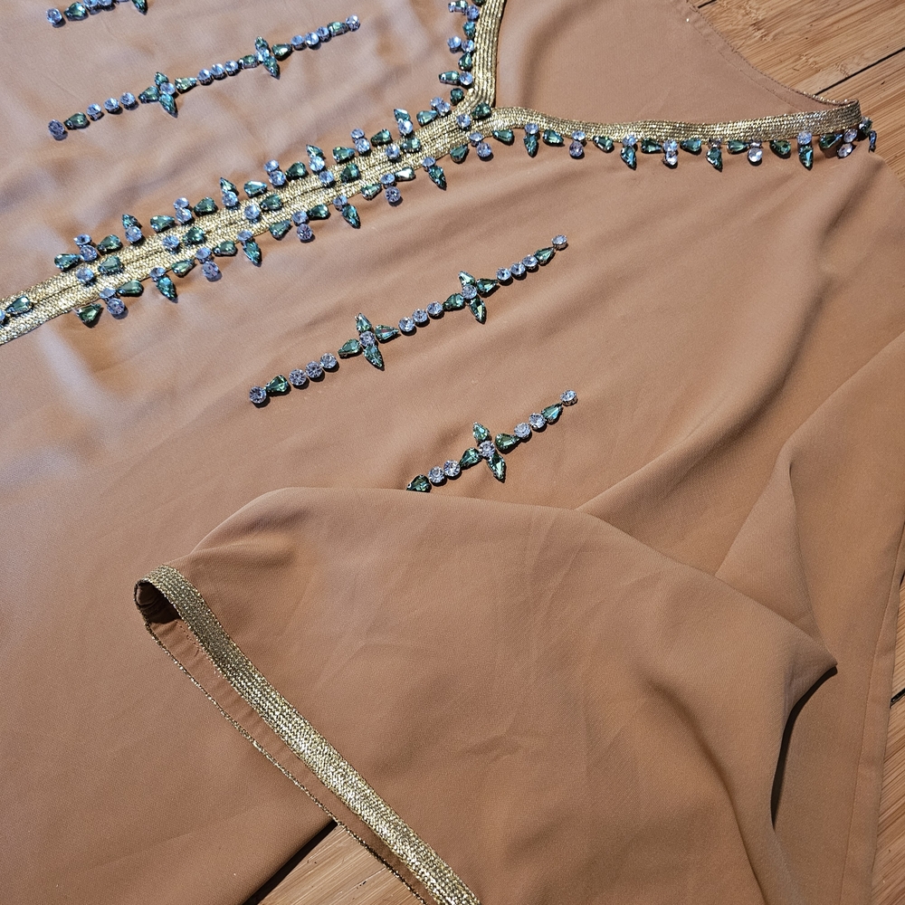 Elegant Tan Maxi Kaftan Dress with Green Embellishments - Picture 7 of 7